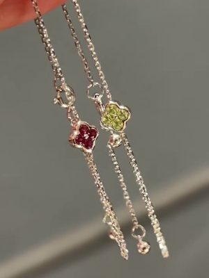 S925 Sterling Silver Plated Platinum Four-leaf Clover Flash Diamond Ultra-fine Bracelet Women's Exquisite Simple Fashion Light Luxury High-end HME