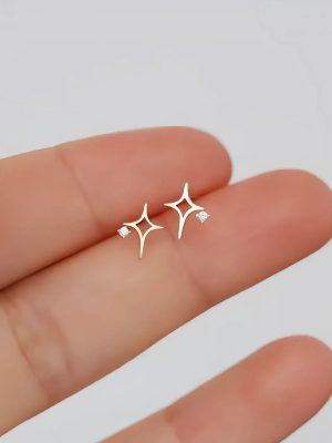 S925 Sterling Silver Plated 14K Gold Polaris Hollow Four Corner Star Earrings Women's Small Diamond Elegant Daily Earrings Earrings