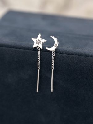 S925 Sterling Silver Star Moon Ear Line Women's Fashion All-match Star Moon Ear Earrings Design Ear Holes Fashion Earrings