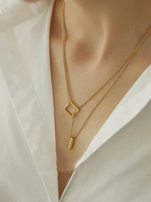 S925 sterling silver plated 14K gold adjustable double-layer all-match necklace women's geometric fashion sweater chain Ouni Na