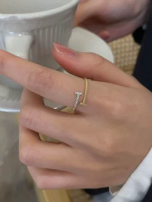 S925 Sterling Silver Plated 14K Gold Fashion Simple Design Double T Diamond Ring Women's Japanese and Korean Entry Luxury Food Finger Ring Ouni Na