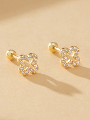 S925 Sterling Silver Simple Hollow Full Diamond Four-leaf Clover Flower Screw Ear Nail Small Mini Raising Ear Holes Ear Nail for Women