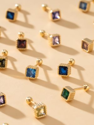S925 Sterling Silver Simple Geometric Small Square Diamond Screw Ear Nail Women's All-match Twelve-star Stone Multicolor Ear-free Bone Nail