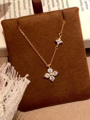 S925 Silver Plated 18K Gold Twin Flower Four-leaf Clover Pendant Necklace Women's High-grade Light Luxury Korean Style Ins All-match Clavicle Chain