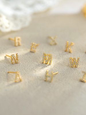 S925 Sterling Silver 26 Letter Mini Diamond Ear Studs Women's Korean Style Small Cold Style Design Full Diamond Ear Jewelry