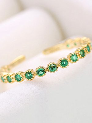 S925 Sterling Silver Plated 14K Gold Emerald Zircon Simple Fashion Open Ring Women's Retro All-match Tail Ring