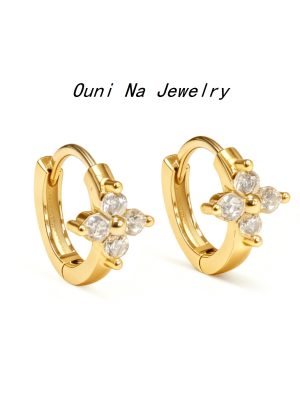 S925 Sterling Silver Plated 14K Gold Four-leaf Flower Ear Buckle Women's Commuter All-match Diamond Earrings Earrings Ouni Na