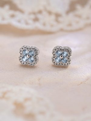 S925 Sterling Silver Four-leaf Clover Ear Nail Women's Small Fresh Blue Zircon Ear Bone Nail Exquisite All-match Small Light Luxury Ear Accessories