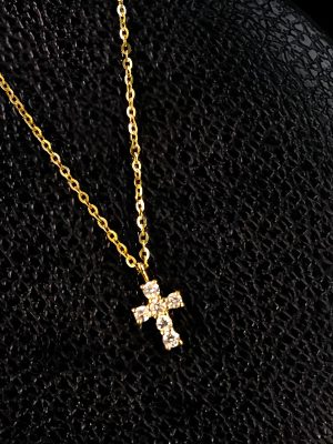 S925 Sterling Silver Plated 16K Gold Mini Diamond Cross Necklace Women's Ins High-end Light Luxury Fashion All-match Collarbone Chain