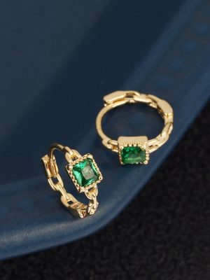 Green Mood S925 Silver Plated 18K Gold Geometric Square Green Zircon Chain Small Ear Buckle Female Retro Elegant Earrings HME
