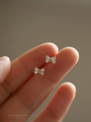 S925 Silver Plated 14K Gold Earrings Four Diamond Bow Sweet Korean Design Mini Earrings Girlfriend Gift HME