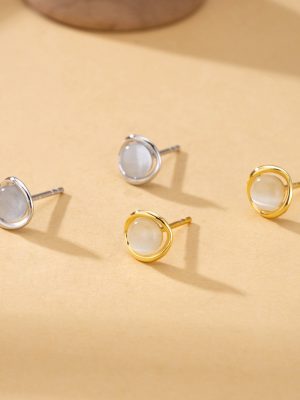 S925 Sterling Silver Cat's Eye Stone Earrings New Korean Style Light Luxury High Elegant Simple All-match Earrings for Women