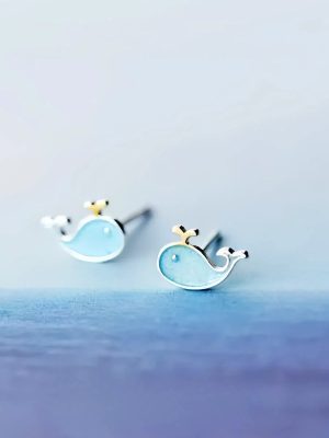 S925 silver small exquisite cute little whale earrings female design blue fish marine animal earrings