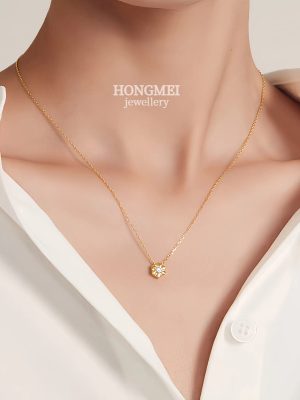 S925 Sterling Silver Plated 18K Gold Single Diamond Honeycomb Design Necklace Women's Light Luxury High-end Fashion All-match Clavicle Chain