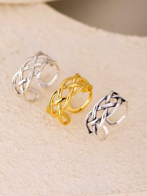 Vintage Thai Silver Fish Mesh Opening S925 Sterling Silver Ring Women's Simple Braided Cross Silver Ring Adjustable