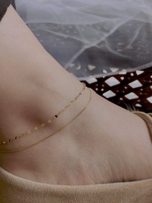 S925 sterling silver plated 14K gold Korean anklet women's fashion double willow dense chain gold ball foot bare chain Ouni Na