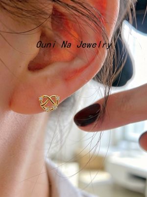 S925 Sterling Silver Plated 14K Gold Love Earrings Women's Design Hollow Interwoven Diamond Earrings Commuter Earrings Ouni Na