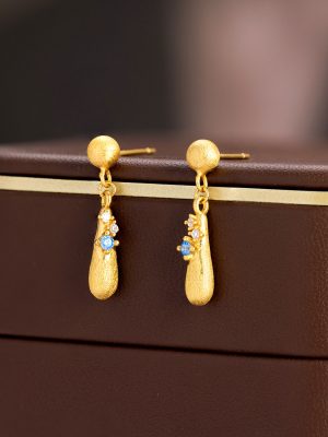 Retro new Chinese style S925 sterling silver ancient method brushed aquamarine water drop earrings women's exquisite light luxury temperament high-end