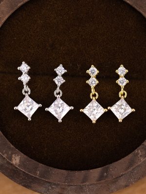 S925 Sterling Silver Inlaid Geometric Square Zircon Earrings Women's Advanced Simple Elegant All-match Earrings Earrings