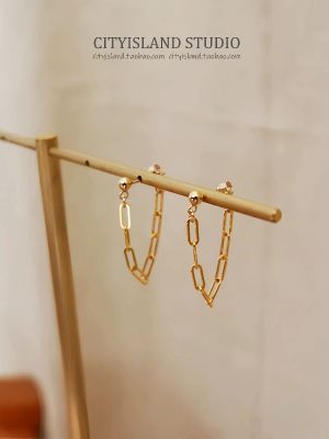 S925 Sterling Silver Plated 14k Gold Square Chain Tassel Earrings Earrings Women's Design Fashion All-match Earrings