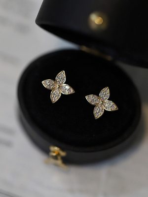 S925 Sterling Silver Plated 14K Gold Ear Studs Hydrangea Flower Shape Small Diamond Flower Micro Set with Zirconium Diamond Design Earrings for Women