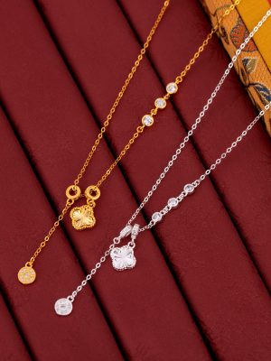S925 Sterling Silver Laser Lucky Four-leaf Clover Necklace Women's Simple Design Copper Tassel Wool Chain Clavicle Chain
