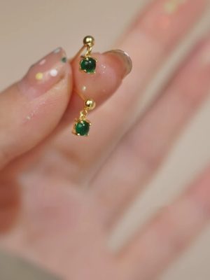 S925 Sterling Silver Plated 14K Emerald Ear Stud Women Commuter High Earring Earrings Ouni Na