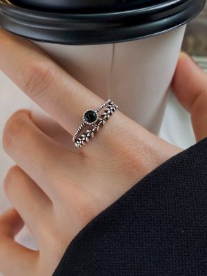 S925 Sterling Silver Black Zircon Distressed Leaf Ring Women's Ring Women's Fashion Distinctive Index Finger Ring Jewelry