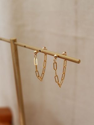 S925 Sterling Silver Plated 14k Gold Simple Personality Ear Line Cold Wind Square Chain Tassel Ear Stud Rear Hanging Earring Ear Clip Ouni Na