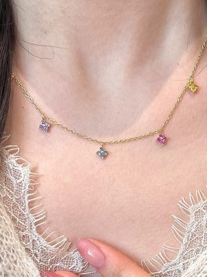 Little Red Book S925 Silver Gold Plated Dopamine Color Zircon Lucky Grass Necklace Four-leaf Flower Clavicle Chain Necklace Chain
