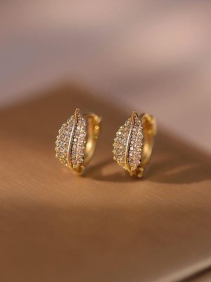 925 Silver Plated 18K Gold French Full Diamond Leaf Earrings High Classic Design Small and Exquisite Fashion Elegant Ear Buckle