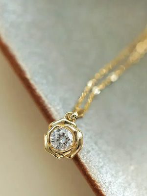 S925 Sterling Silver Plated 14K Gold Single Diamond Rose Necklace Women's Simple Design Fashion All-match Flower Clavicle Chain