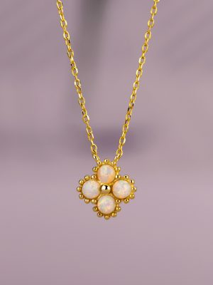 New S925 Sterling Silver Opal Stone Lucky Four-leaf Clover Necklace Women's Simple Light Luxury Exquisite Clavicle Chain