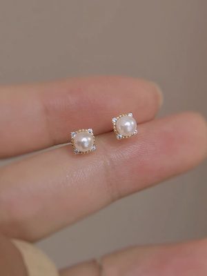 S925 Sterling Silver Plated 14K Gold Mini Diamond Retro Pearl Small Earrings Small Diamond Edge French Elegant Earrings Female Ouni Na