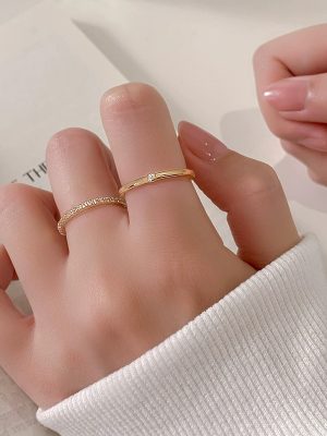 925 Sterling Silver Plated 14K Gold Simple Plain Ring Women's Design Open Finger Ring with Diamond Two-piece Ring Ouni Na