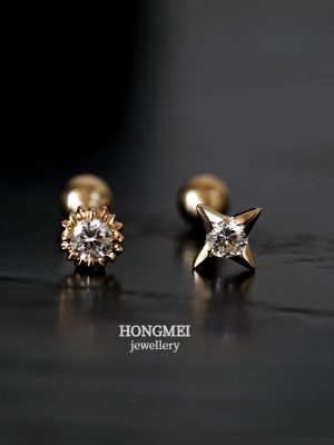 S925 Sterling Silver Plated 18K Gold Day and Star Single Diamond Screw Beads Ear Plug Earrings Women's Light Luxury Advanced Earrings