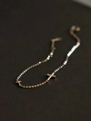 S925 Sterling Silver Plated 14K Gold Mini Cross Bracelet Women's Slim Simple All-Match Design Exquisite Bracelet