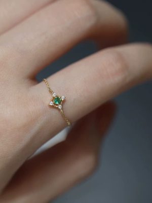S925 Sterling Silver Plated 14K Gold Emerald Chain Ring Adjustable Fashion Personality Retro Design Jewelry Ouni Na