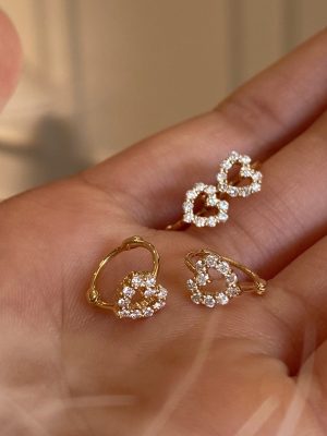 S925 Sterling Silver Gold Plated Love Ear Buckle Women's Light Luxury Full Diamond Hollow Heart-shaped Ear Ring Design Earrings Ouni Na