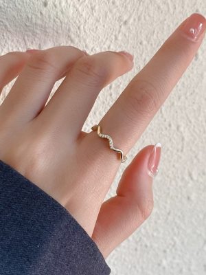 S925 Sterling Silver Gold Plated Wave Ring Women's Design Food Finger Ring Ins Trendy Open Ring Fashionable Personalized Ring Ouni Na