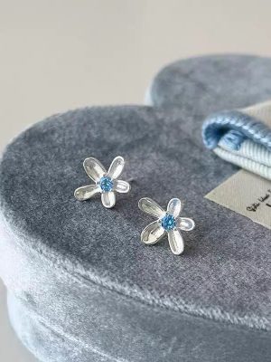 All-body 925 sterling silver sweet five-petal flower blue zircon earrings women's design simple all-match ins spring earrings