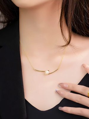 S925 Sterling Silver Plated 14K Gold Cross Chopsticks Pearl Bead Necklace Female Elegant Elegant Fashion All-match Clavicle Chain