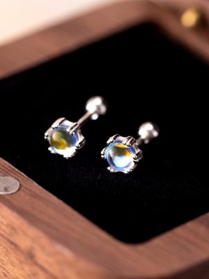 S925 Sterling Silver Moonstone Earrings Women's Autumn and Winter New Ins Cool Simple Fresh Style All-match Screw Earrings