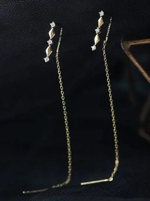 S925 Sterling Silver Plated 14K Gold Diamond Diamond-encrusted Retro Ear Line Women's Long Elegant Tassel Ear Headwear