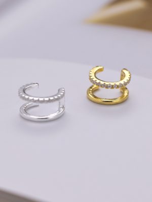 Arc Curve Micro 925 Sterling Silver Ear Clip Ear Stud Earrings Korean Simple C- Shaped Double Layer Diamond Silver Earrings