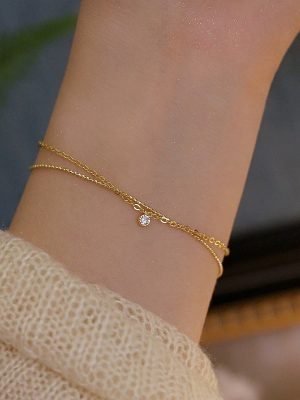 S925 Silver Plated 14K Gold Double Layer Rhinestone Bracelet Girls Ins Light Luxury Design Extremely Fine and Exquisite Girlfriend Bracelet Ouni Na