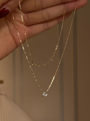 Classic ~ S925 Sterling Silver Plated 18k Gold Four Claw Inlaid Single Diamond Pendant Nose Drill Necklace Female Clavicle Chain Accessories HME