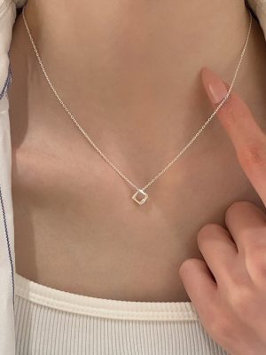 New S925 Sterling Silver Design Hollow Geometric Square Zircon Pendant Women's Light Luxury Stacked Necklace