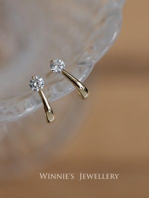 S925 Sterling Silver Gold Plated Earrings Women's Simple Radian Single Grain Zirconium Diamond Elegant Cold Wind Earrings Earrings HME
