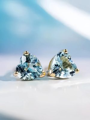 S925 Sterling Silver Plated 14K Gold Sea Blue Treasure Single Diamond Love Earrings Women's Ins Style Classic All-match Light Luxury Inlay Earrings